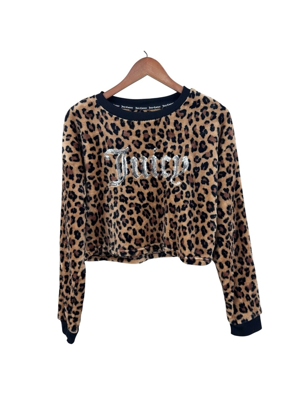 JUICY COUTURE Crop Sweatshirt XL Fleece Leopard Long Sleeve Pullover Brown X838